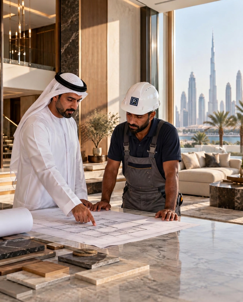 Procraft project team reviewing renovation plans in a completed UAE villa