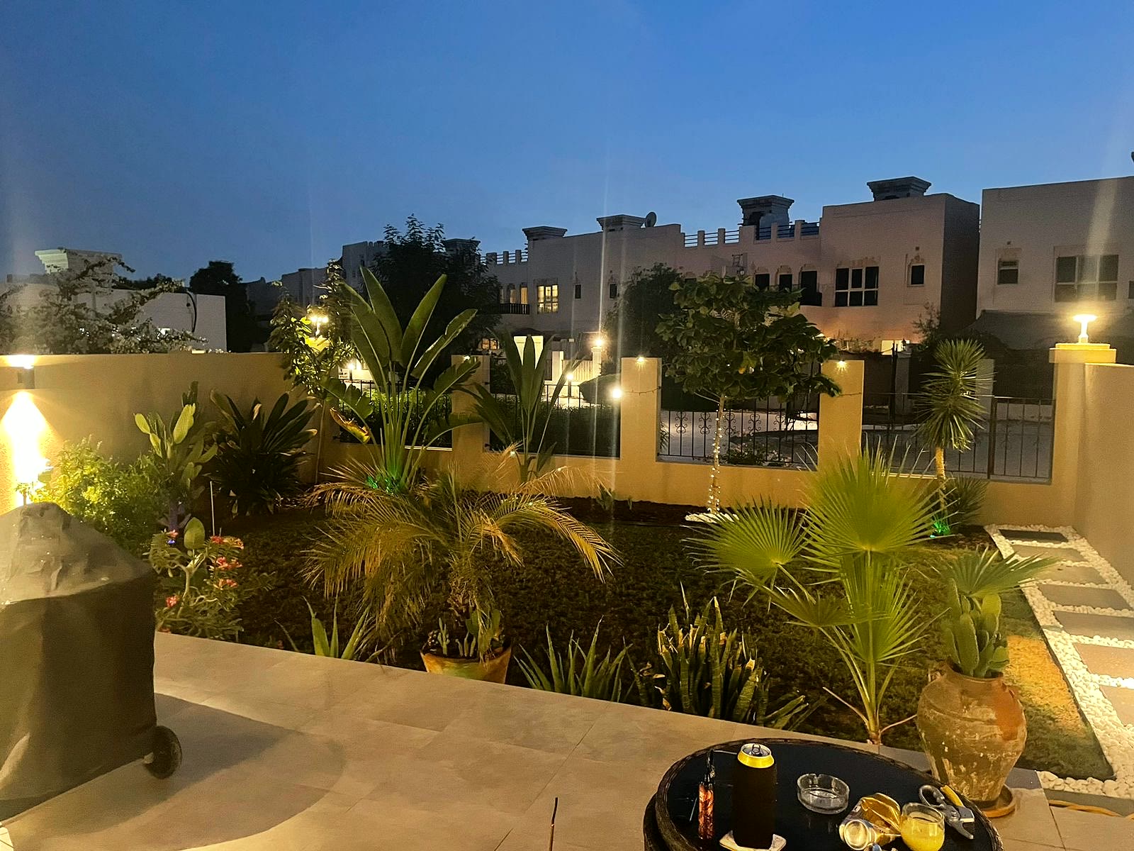 Landscaped Garden · Evening after the Al Hamra Village townhouse renovation and landscaping