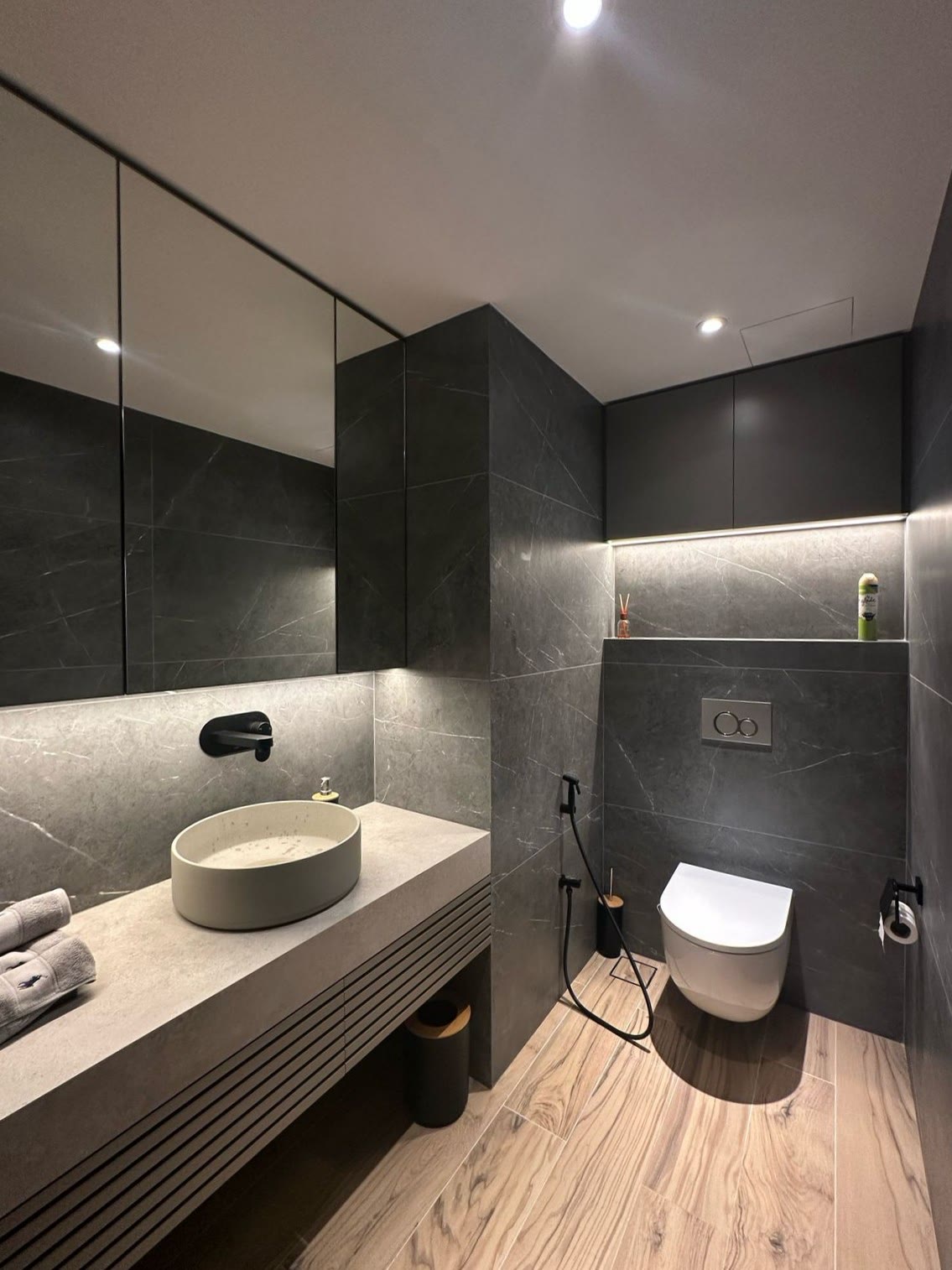 Completed guest toilet with stone basin and dark finishes
