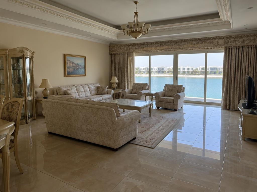 Traditional furnished waterfront villa living room before renovation in Mina Al Arab