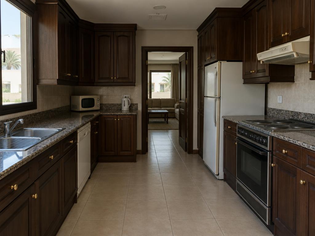 Enclosed dark-wood villa kitchen before renovation in Mina Al Arab