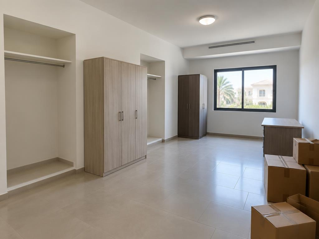 Plain dressing room with freestanding wardrobes before bespoke joinery in Sharjah