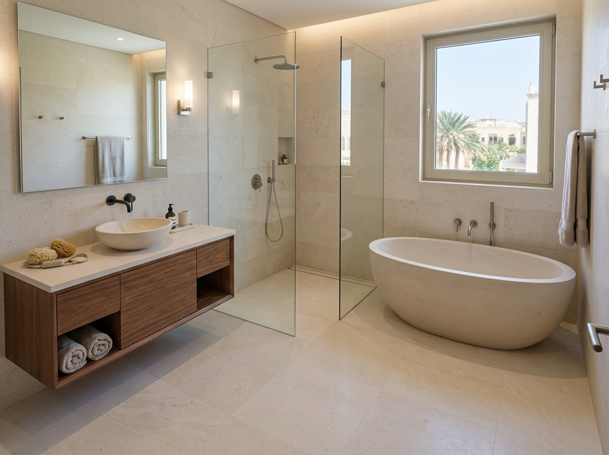 Spa-like Al Hamra Village master bathroom with limestone, walnut vanity and freestanding bath