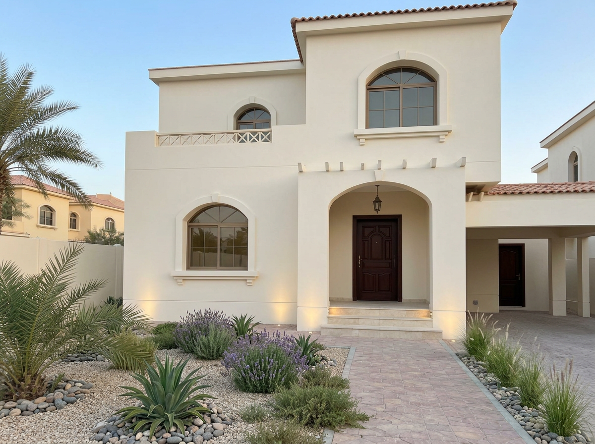 Refinished Al Hamra Village villa exterior with timber entrance and landscaped approach at dusk