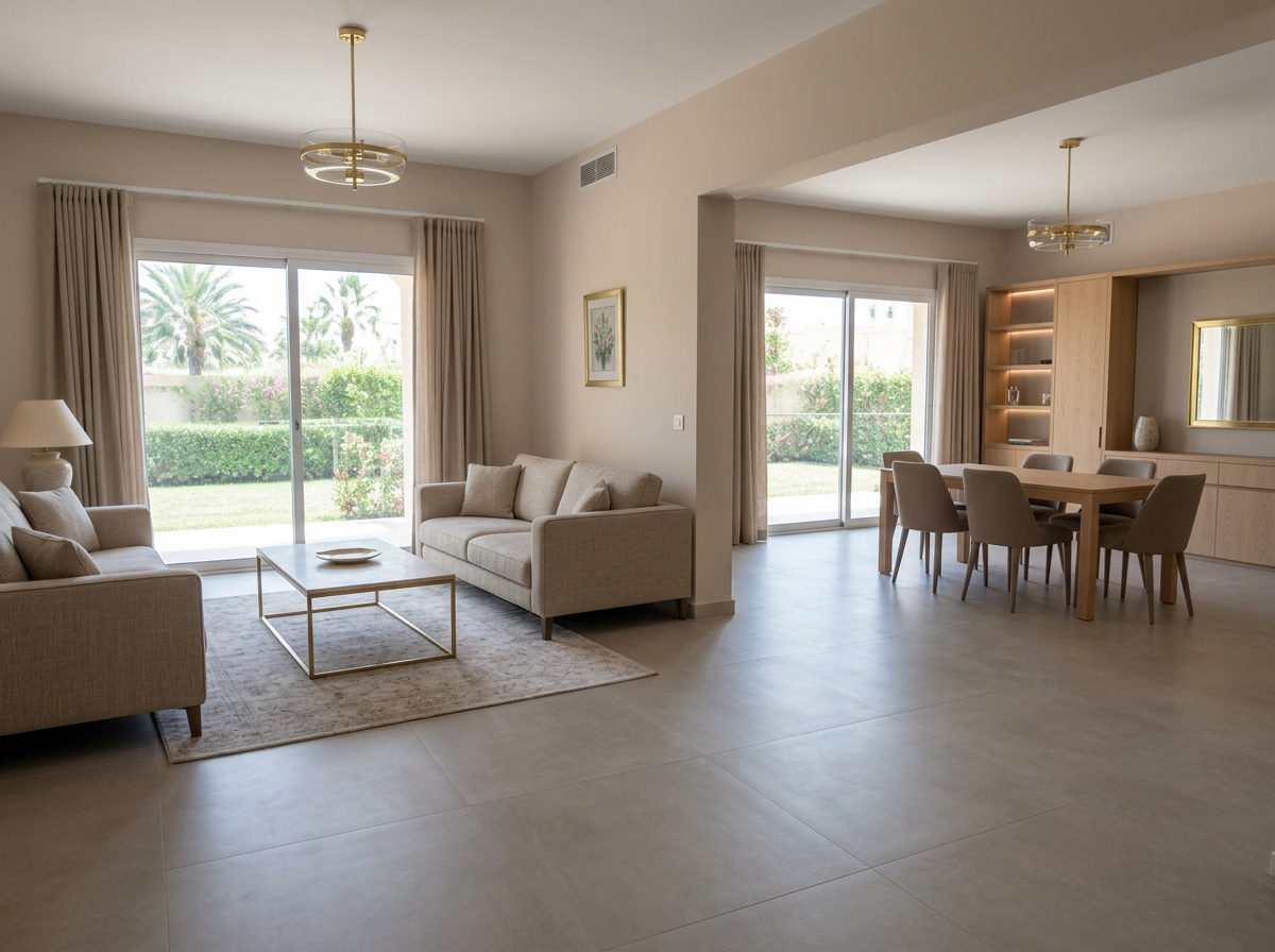 Renovated open-plan Al Hamra Village living and dining room with oak joinery and garden views