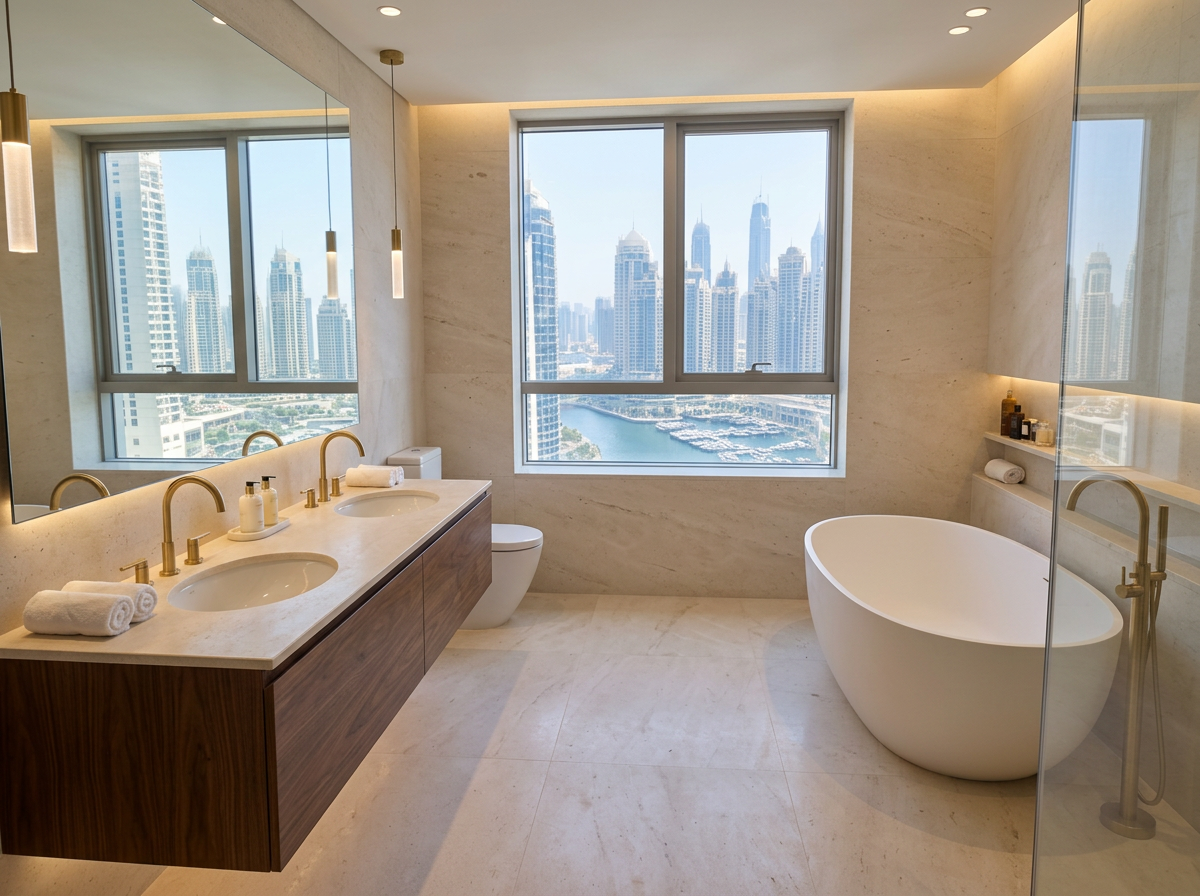 Spa-like master bathroom with freestanding bath, stone tiles, walnut vanity and brushed gold fixtures overlooking Dubai Marina
