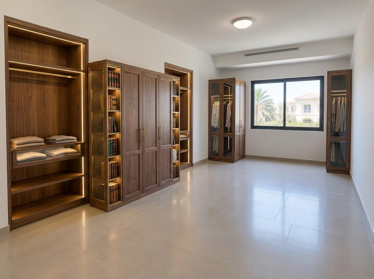 Bespoke walnut walk-in wardrobe and library wall with brass detailing and integrated lighting in a Sharjah villa