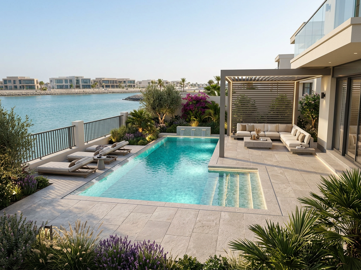 Villa garden at dusk with infinity pool, travertine terrace, pergola lounge and palm trees in Ras Al Khaimah
