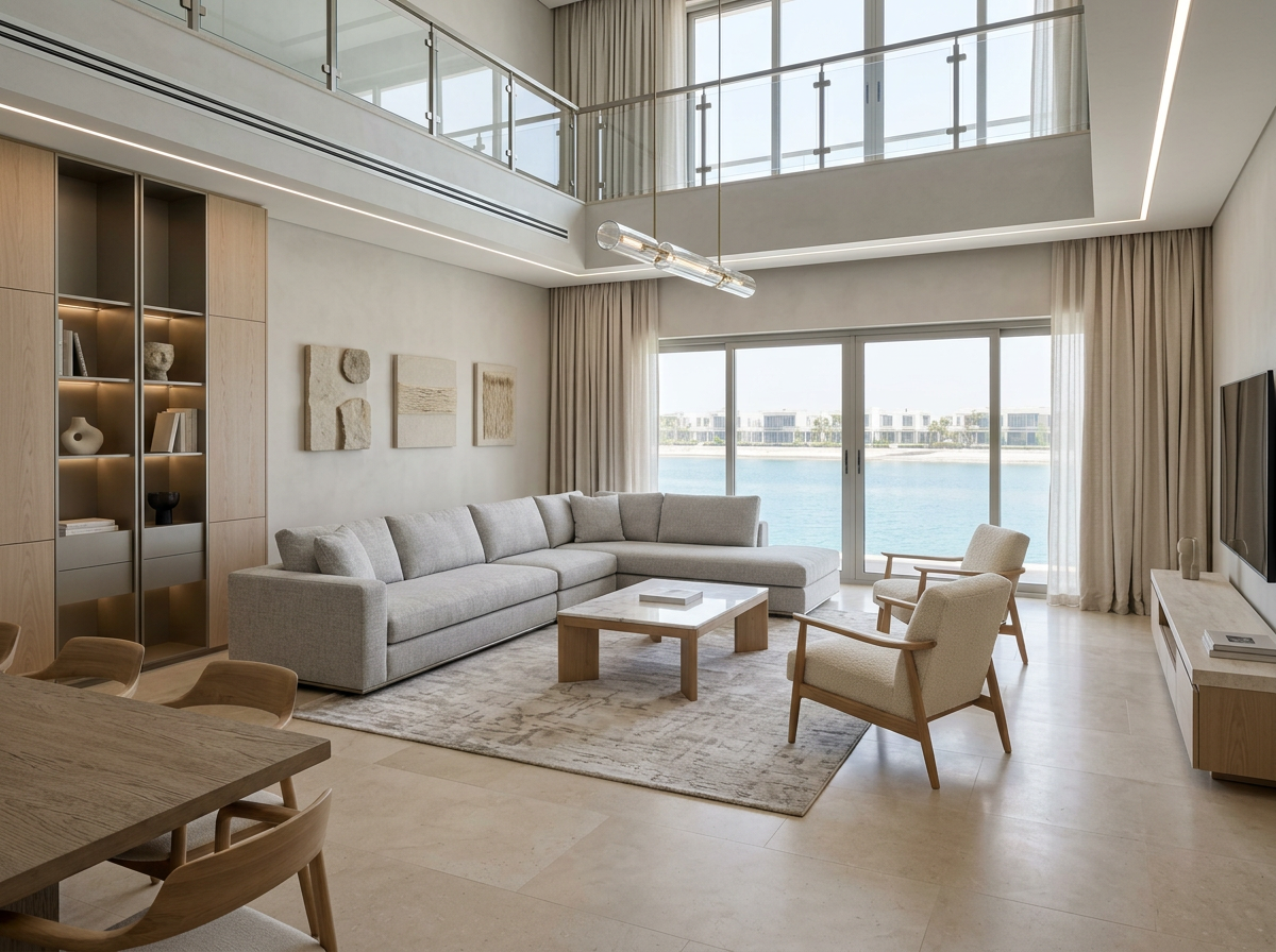 Completed double-height waterfront villa living room with ivory stone and oak detailing in Mina Al Arab