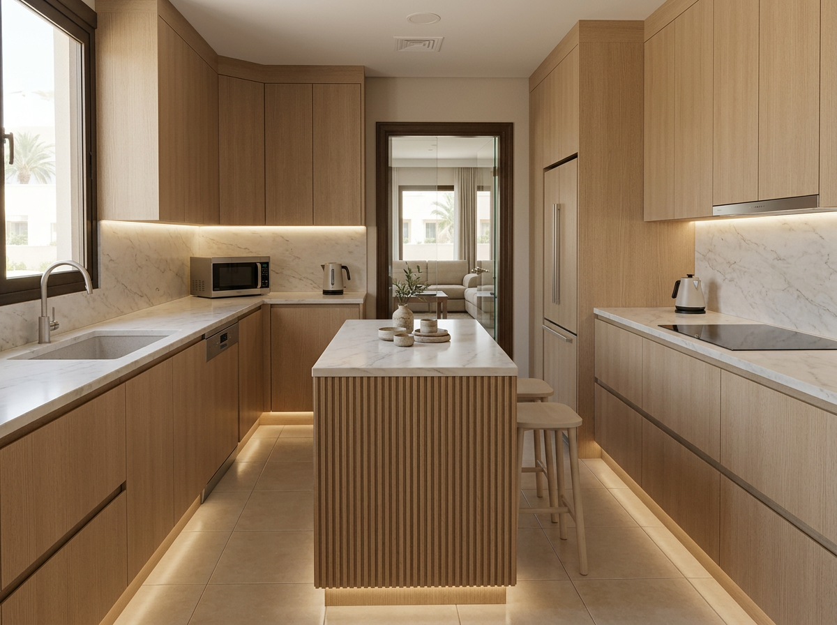 Open-plan waterfront villa kitchen with fluted oak island and pale stone surfaces in Mina Al Arab
