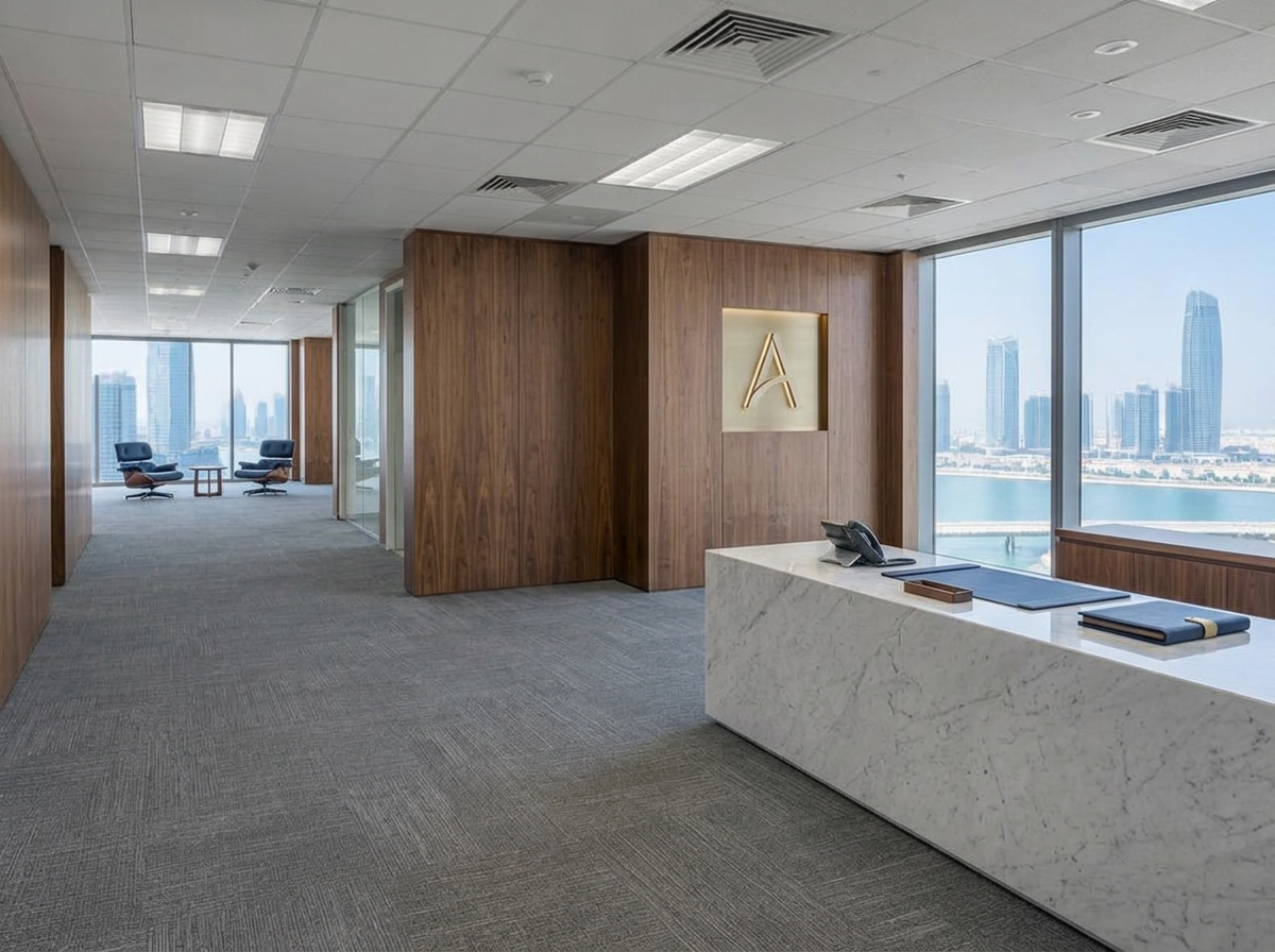 Elegant corporate reception with walnut feature wall, stone desk and navy panels in Abu Dhabi