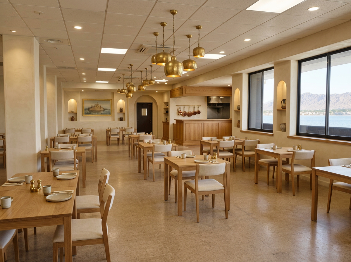 Renovated restaurant interior with arched niches, terracotta and sage decorative plaster and brass pendants in Ras Al Khaimah