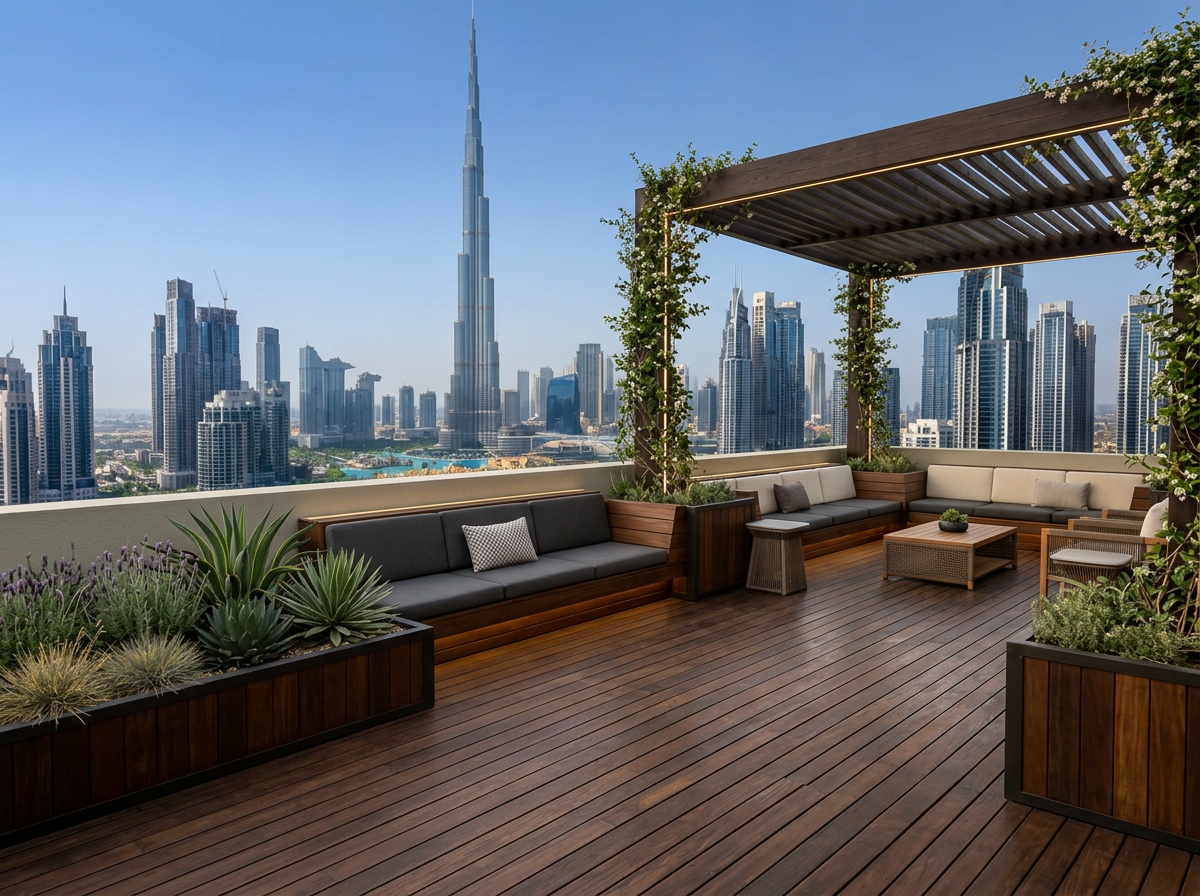 Penthouse rooftop terrace with timber decking, built-in seating, olive trees and pergola overlooking the Dubai skyline
