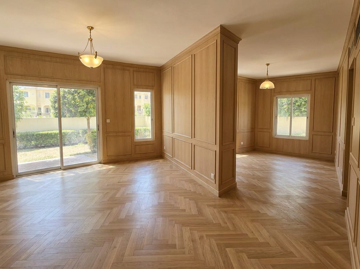 Bright renovated townhouse living and dining room with herringbone oak floor and wall panelling in The Springs, Dubai