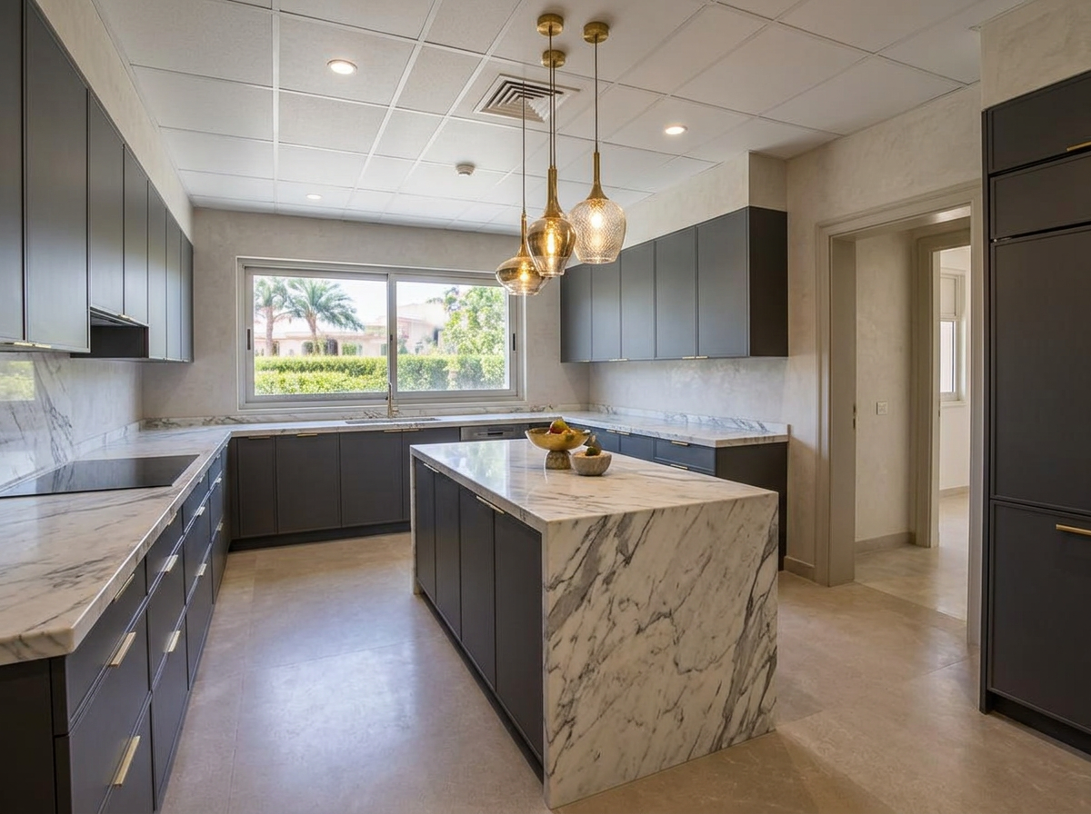 Renovated open-plan villa kitchen with charcoal cabinetry, marble island and brass pendants in Emirates Hills, Dubai